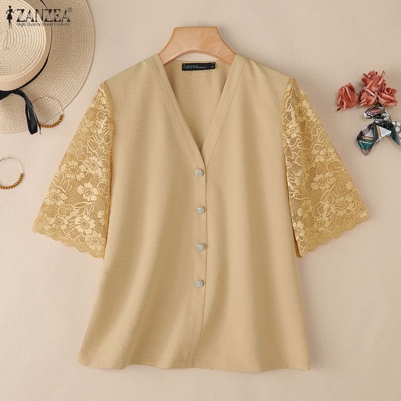 ZANZEA Women Casual V-Neck Loose Lace Splice 3/4 Sleeve Blouse