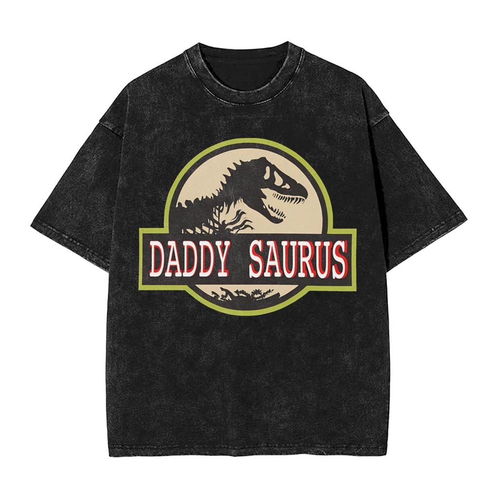 Papasaurus Washed TShirt Mens Vintage Casual TShirts Summer Crew Neck Novelty Tee Shirt Simple Oversized Clothing
