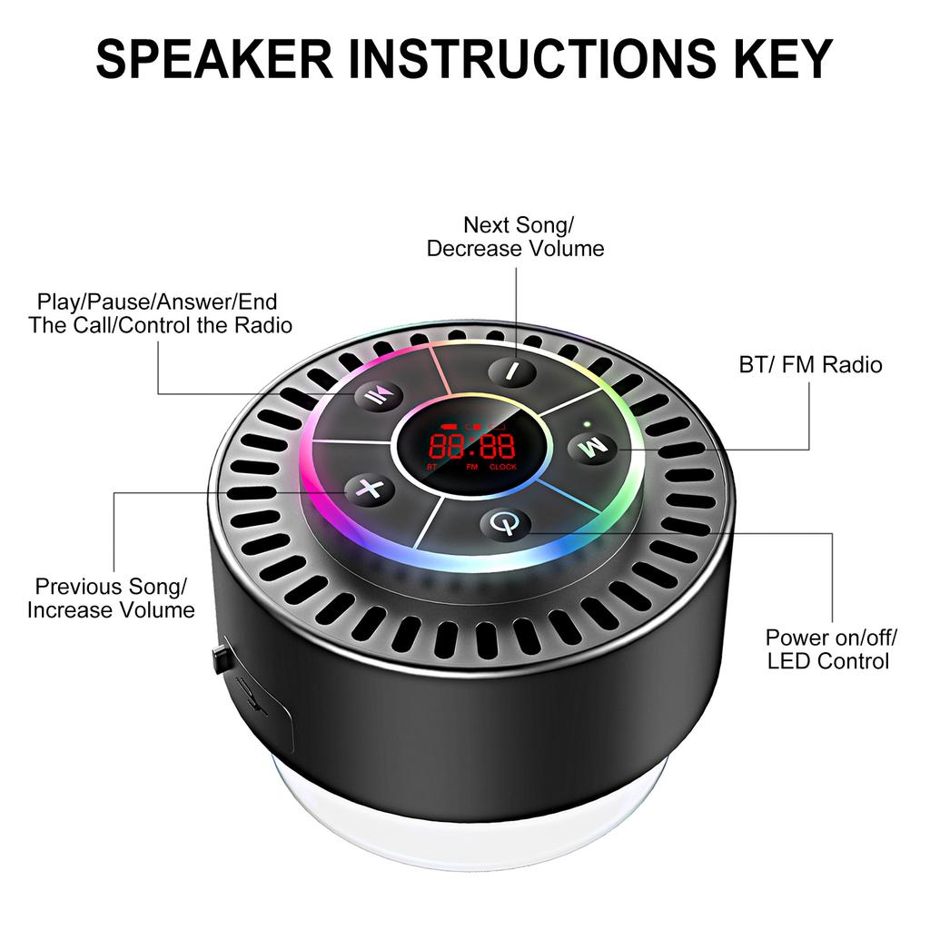 IPX7 Waterproof Bathroom Speaker Dustproof Shockproof LED Time Display Built-in FM Radio Speaker