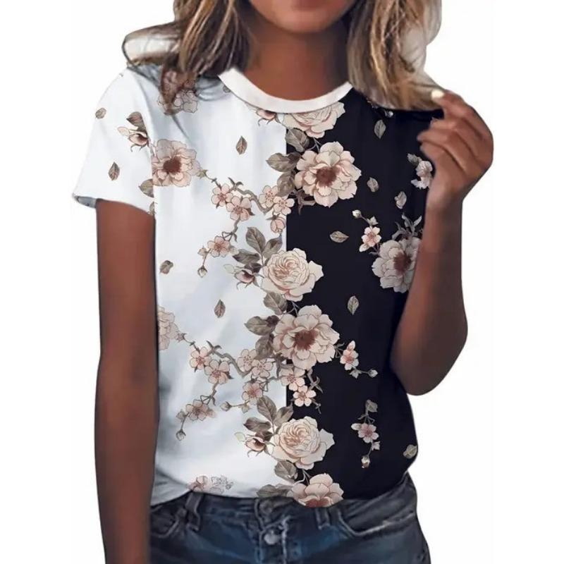 

Новая модная, элегантная и простая женская футболка с круглым вырезом и короткими рукавами с цветочным 3D-принтом 6XL