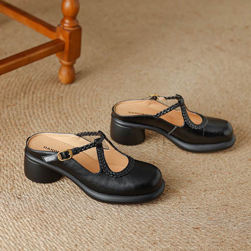 Krazing Pot Cow Skin Round Toe Size 42 Thick Round Med Heels Slip on Platform Mules Gladiator Autumn Pumps
