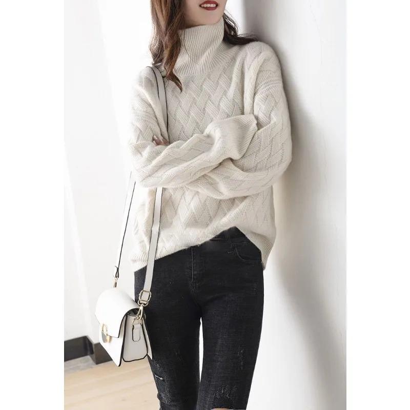 Women Casual Chic Loose Cashmere Sweater Autumn Winter Oversize Thick Long Sleeve Turtleneck Warm Knit Pullovers