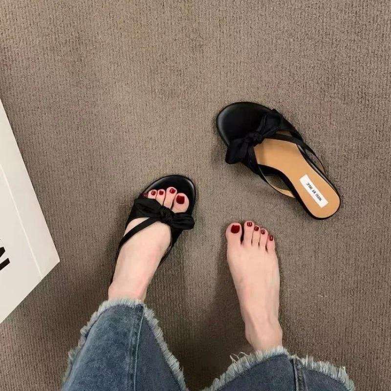 

Fashion Women s Shoes on Sale 2024 Fashion Outdoor Casual Dressy Flat Heel Fashion Slippers Round Toe Butterfly-knot Flip Flops Women 40 чёрный