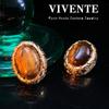 Haute Couture Meillard Tiger's Eye Gold-Plated Stud Earrings in Vintage Mid-Century Style