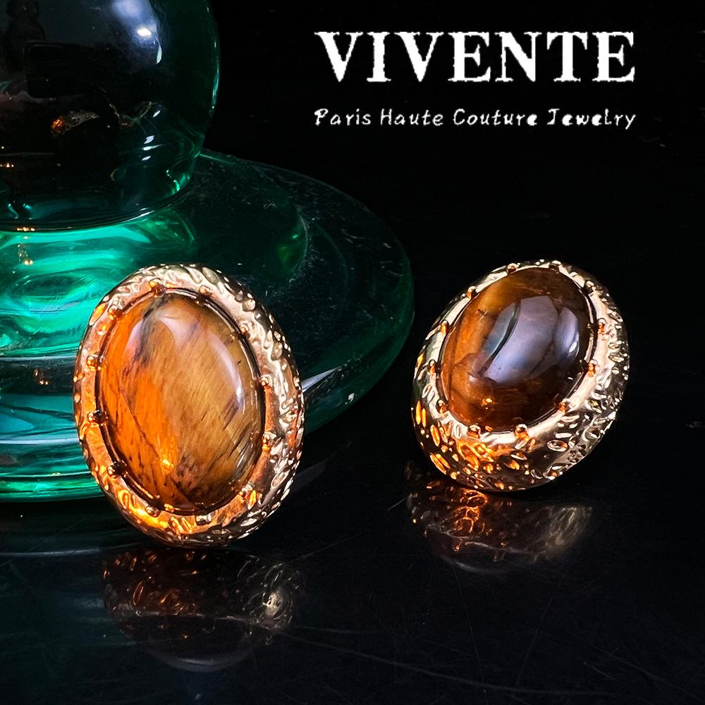 Haute Couture Meillard Tiger's Eye Gold-Plated Stud Earrings in Vintage Mid-Century Style