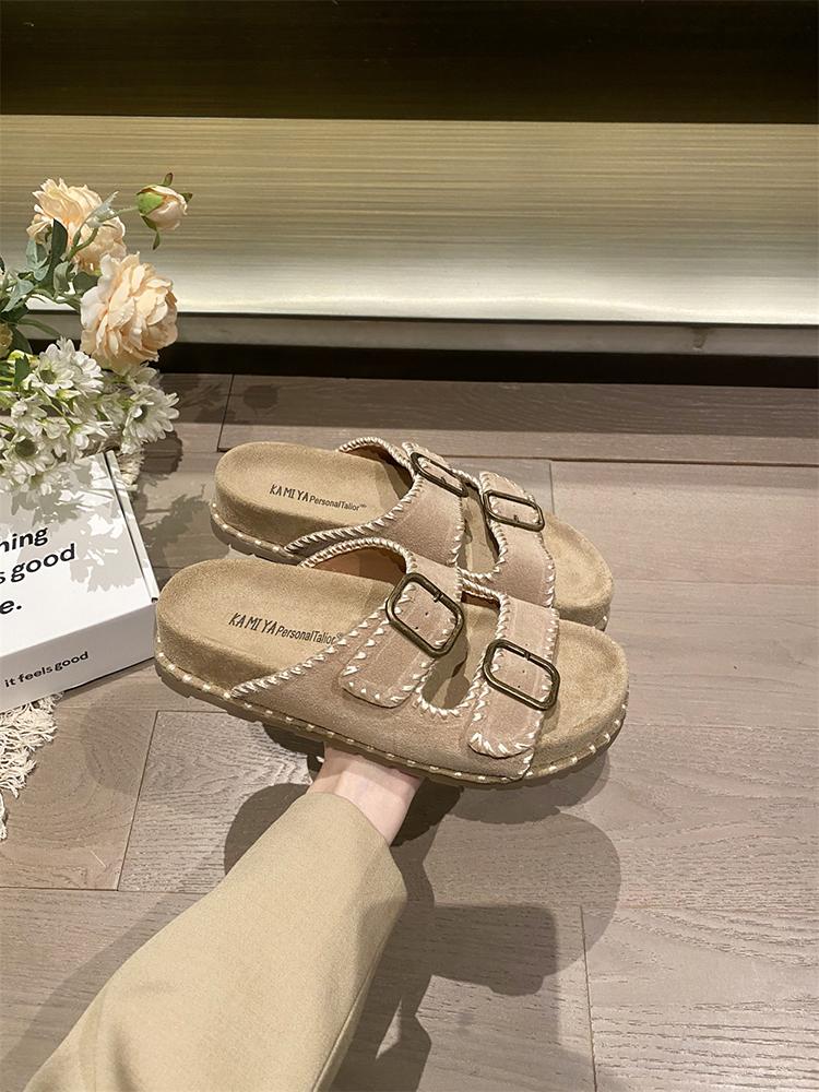 

Fashion 2025 New Summer Slippers Split Leather Shoes Retro Flats Slip-on Sandals Beach Slides Leisure Walking Shoes Zapatos Para Mujer 35
