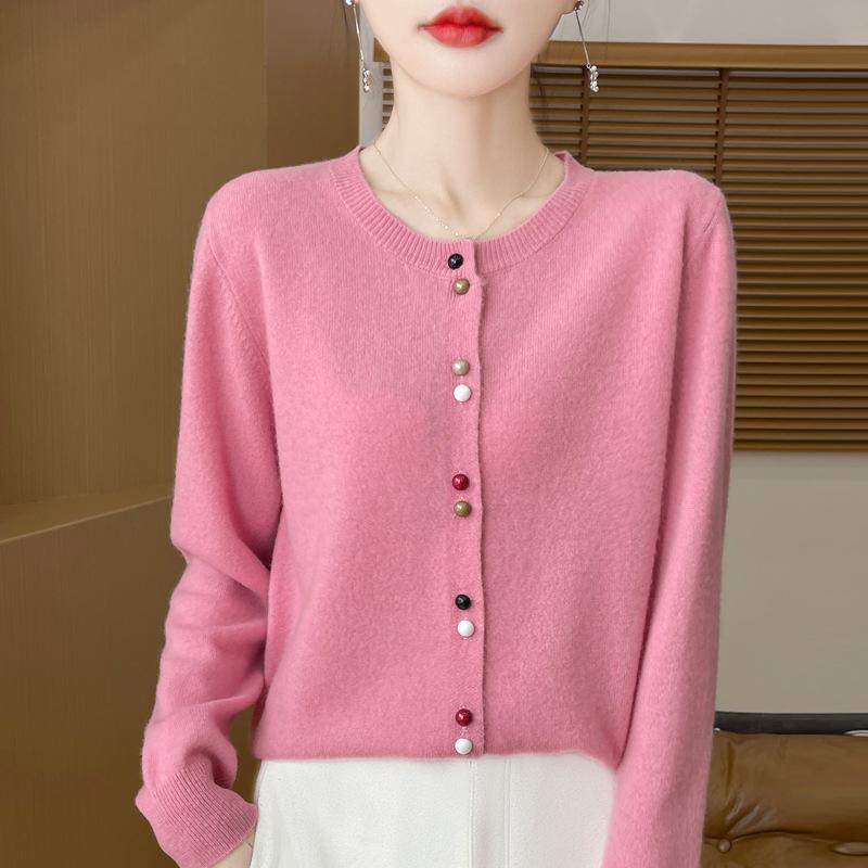 Spring and Autumn New Andy Velvet Cardigan Color Button Knitted Cardigan Women's Crew Neck Loose Sweater Jacket Soft Waxy Versatile Top