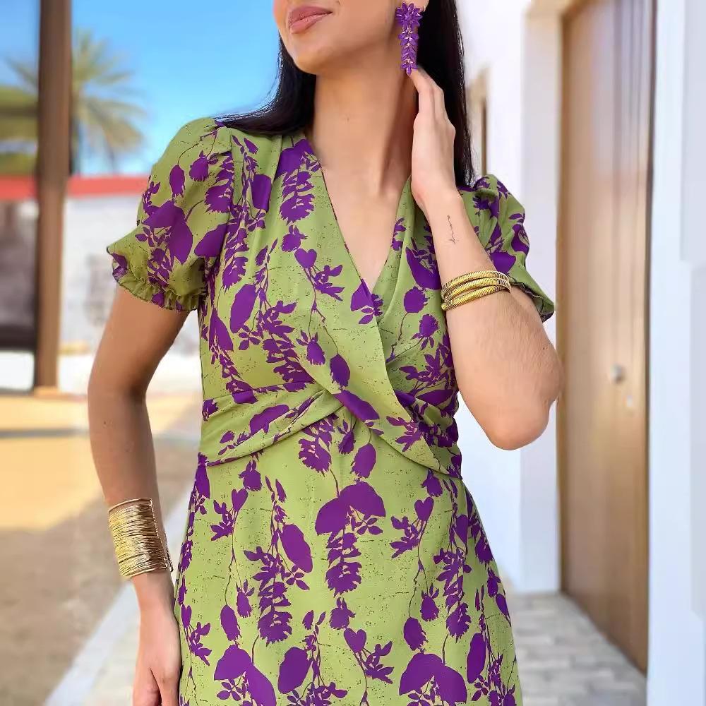 European and American women's clothing fashion pleated printed long dress elegant slim V-neck short-sleeved dress