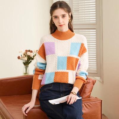 TUHUANG Women's Thick Pure Wool Half-High Collar Knit Sweater