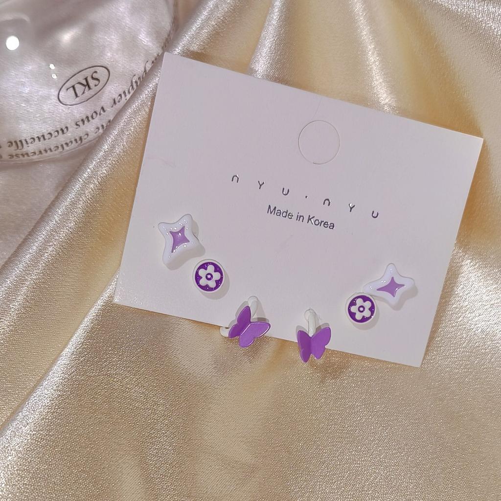 Charm purple three-piece set stud earrings femininity versatile gentle and sweet design set earrings earrings