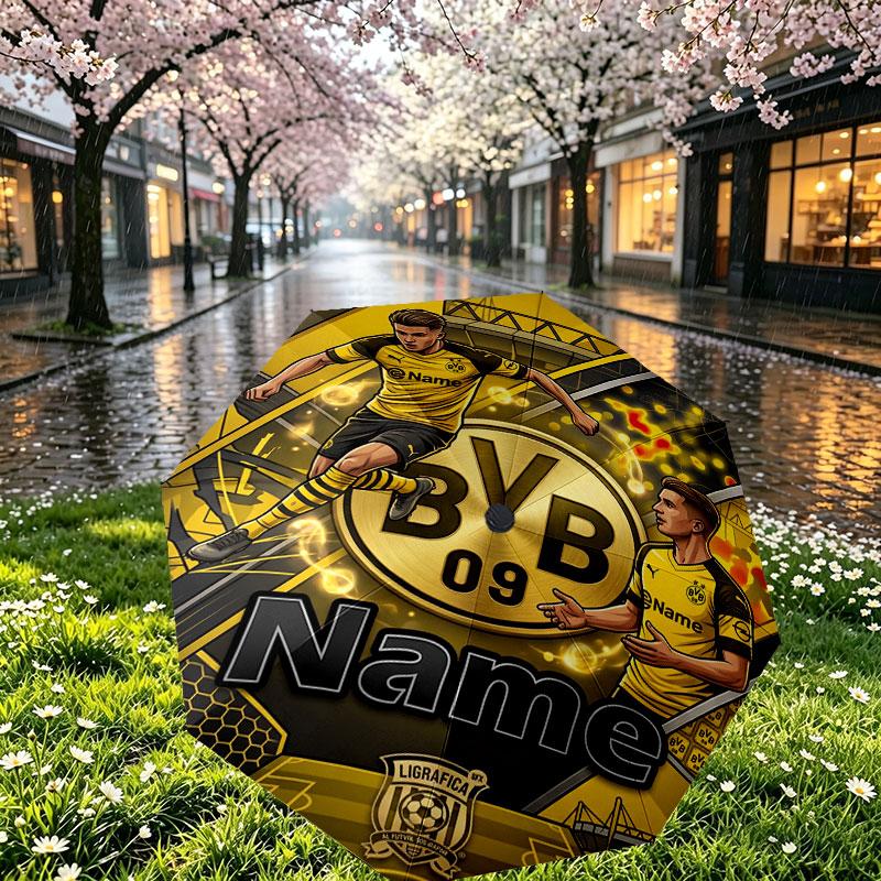 Custom Name Personalized Borussia Dortmund Bvb Print Umbrella, Auto Open Close, 8‑Rib Sturdy Frame, Commute Camping Hiking Use, Birthday Gift