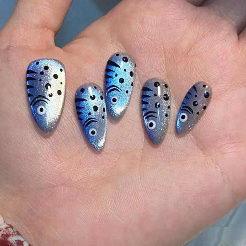 

24Pcs Mid-Length Almond Fake Nails Cat S Eye Deep Sea Blue Fish Design Press On False Nails Art Detachable Full Cover Nails Tips