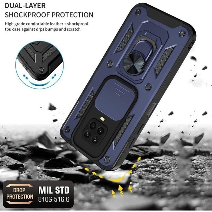 Coque de protection - E.F.CONNECTION - Pour Xiaomi Redmi Note 9 - Verre trempé - Bleu Marine - Support anneau