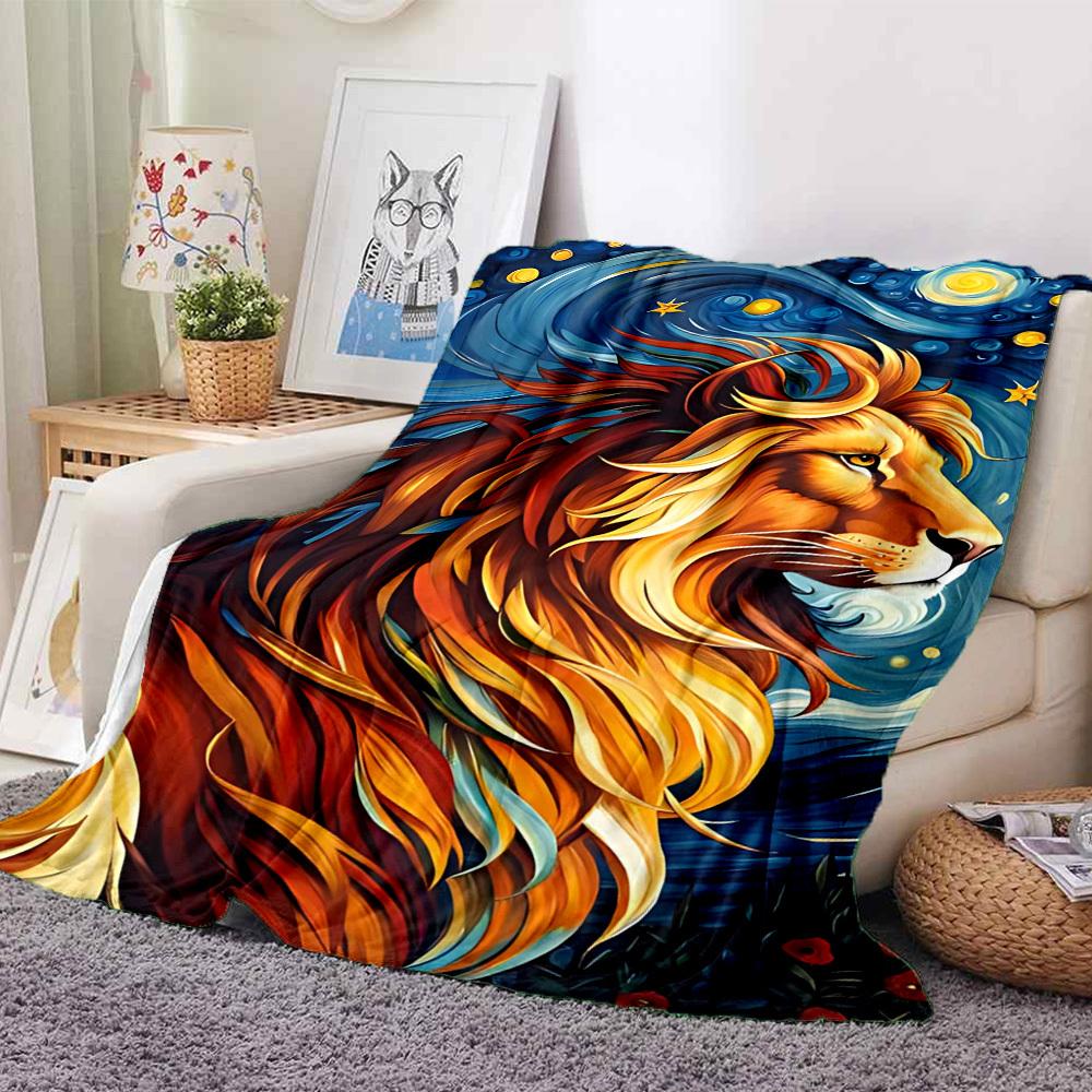 1pc Lion Art Print Blanket - Lightweight Flannel Fleece with Digital Printing, Soft Warm for Sofa, Travel, Camping, Office yy251018325