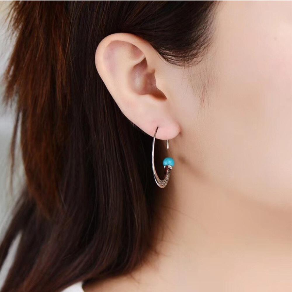 Vintage Silver Turquoise Earrings Punk Style Ear Hook for Women Retro Boho Jewelry