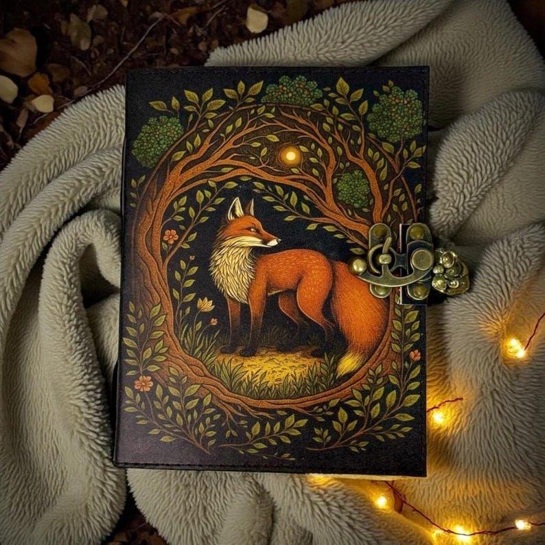 200 -Page Fox Leather Grimoire | Handmade Spell Book of Shadows, Vintage Deckle Paper Journal, Unique Fox Gift for Him and Her