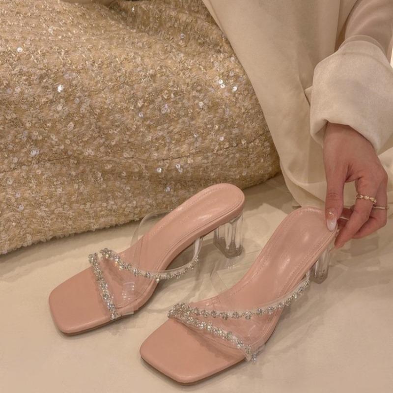 Fashion Female Sandal Comfort Shoes for Women Large Size High Heels Buckle Strap Square Toe All-Match Girls Sexy Big Low High-heeled