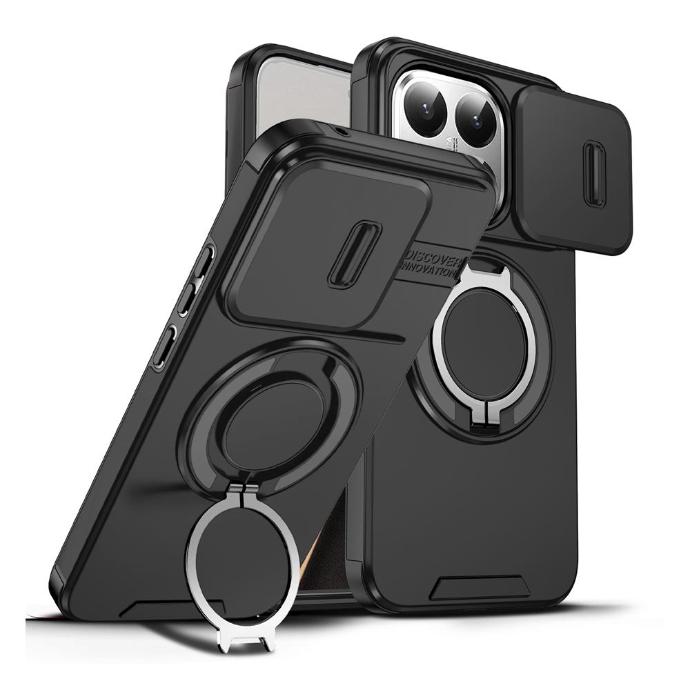 KEYSION 360° Rotating Ring Stand Phone Case for Xiaomi 15T 15T Pro Silicone+PC Slide Camera Protection Magnetic Shockproof Cover