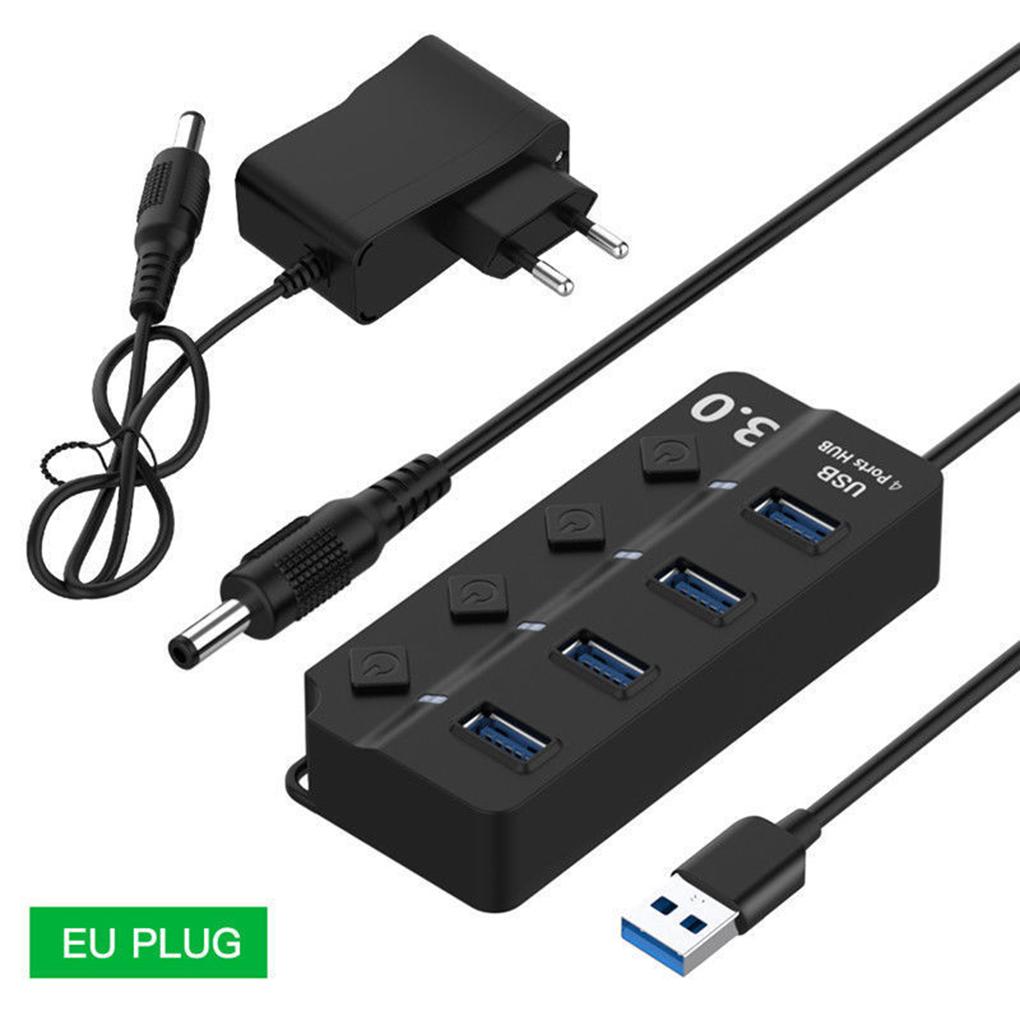 USB 3.0 Hub Splitter 4 Port High Speed Individual On/off Switch AC Power Adapter for Laptop PC