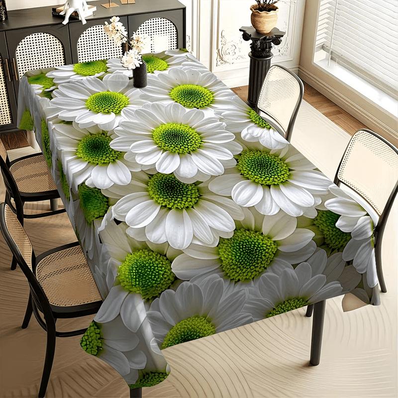 1pc 2D Flat Printed Tablecloth with Vibrant Large White Daisies, Clean and Refreshing White and Green Color Scheme, Generously Stretched Daisy Design,