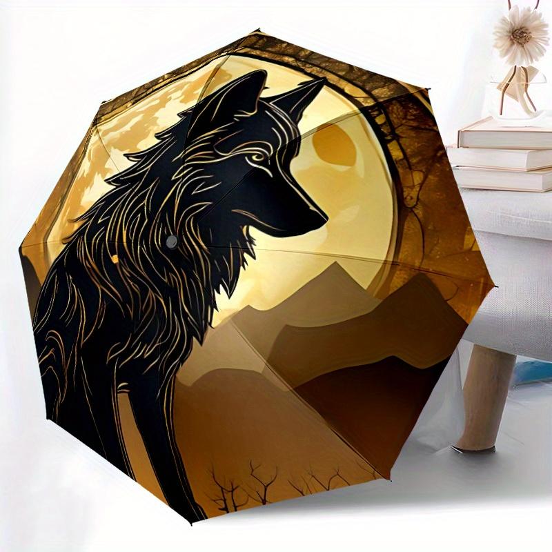 1 Stück Mond Wolf Kompakter Reiseschirm, Automatisches Falten Leichtgewicht Winddicht 8-Rippen Verstärktes Design, Tragbar für Rucksack Langlebiges Dach