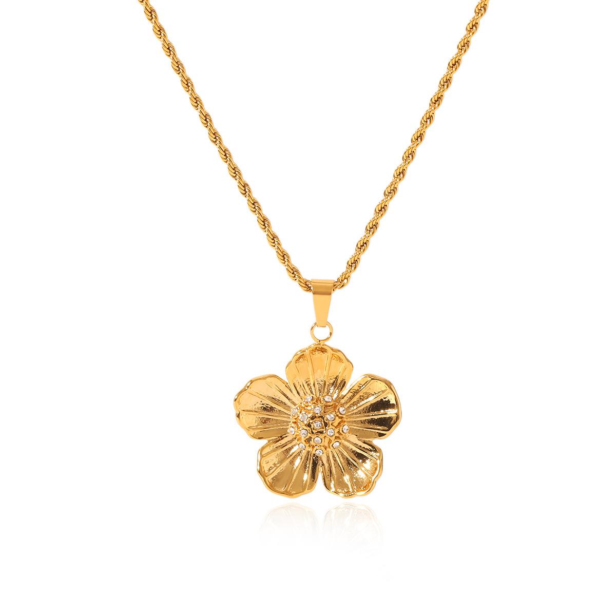 

Women s French Light Luxury Vintage Stainless Steel Twist Chain Flower Diamond-studded Pendant Necklace