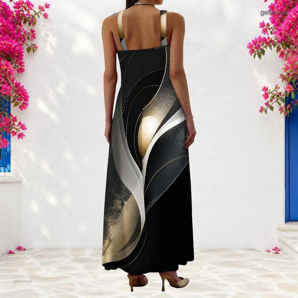 Women Plus Size Scoop Neck Strappy Sleeveless Galaxy Printed A Line Maxi Dress