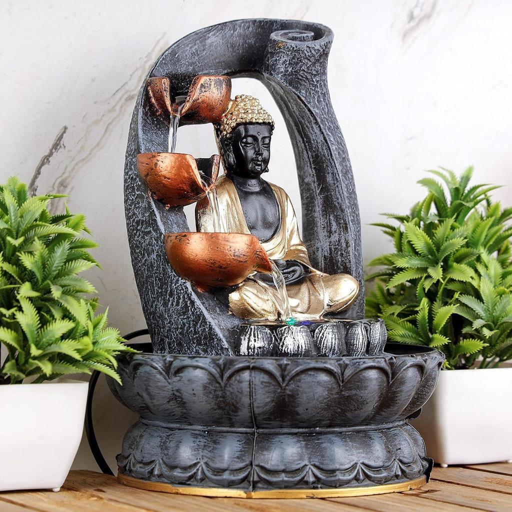 Polyresin Table Top Indoor Outdoor Water Fall Fountain with LED Lights Home Decor Decoration Gift Gifting Items