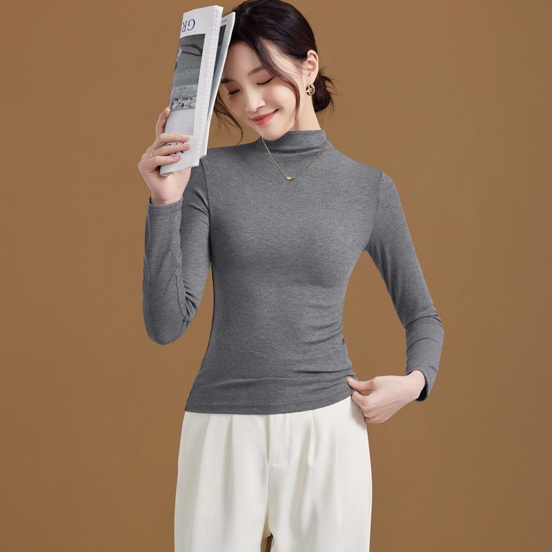 Women's Slim Fit Ribbed High Neck Long Sleeve Top for Spring and Autumn