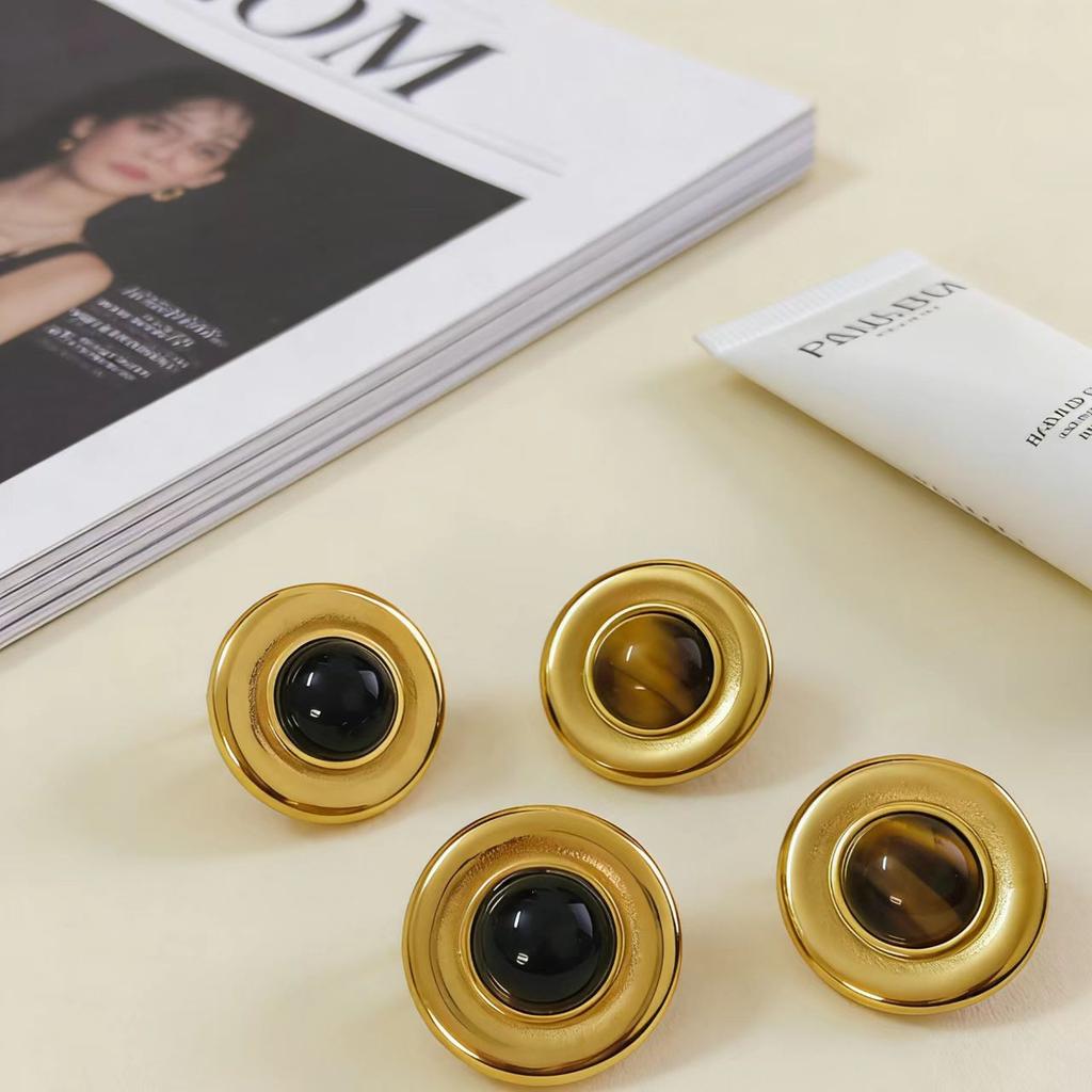Titanium Steel Tiger's Eye Stone Stud Earrings Light Luxury High-end Autumn and Winter Earrings Do Not Fade 18k Gold Titanium Steel Jewelry 2026
