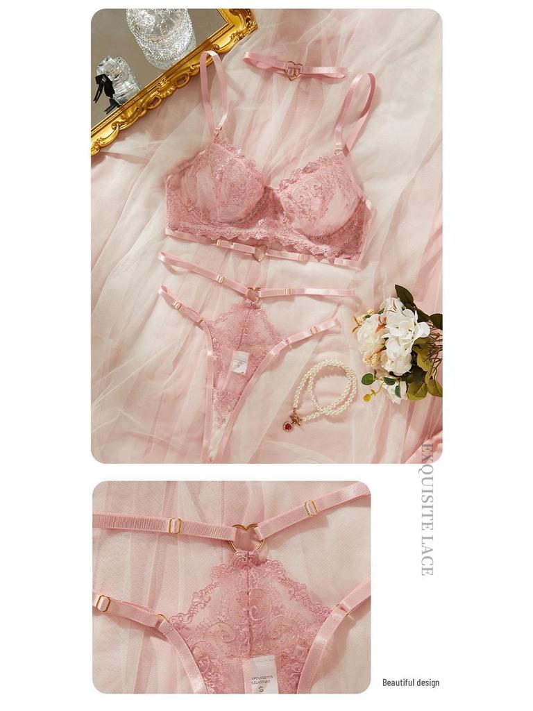 French Pink Sexy Lace Push-Up Lingerie Set for Women - Ultra-Thin, Comfortable, Semi-Transparent Mesh