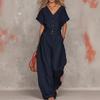 2026 Retro Solid V-neck Short-sleeve Top & Wide-leg Pants Set for Spring/Autumn