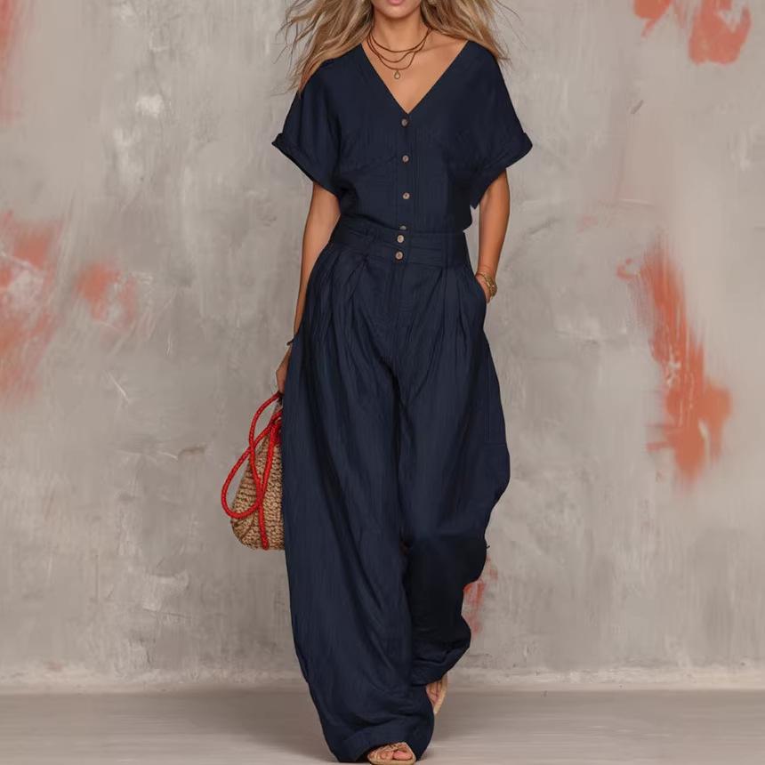 2026 Retro Solid V-neck Short-sleeve Top & Wide-leg Pants Set for Spring/Autumn