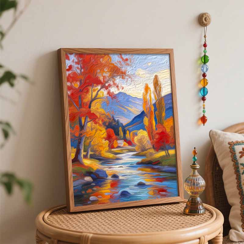 DIY Digital Oil Painting Kit Autumn landscape mountain river oil painting. handmade gift. home decoration.