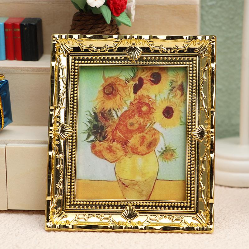 1:12 Dollhouse Miniature Furniture Accessories: Gold-Painted Flower Oil Painting Ornament