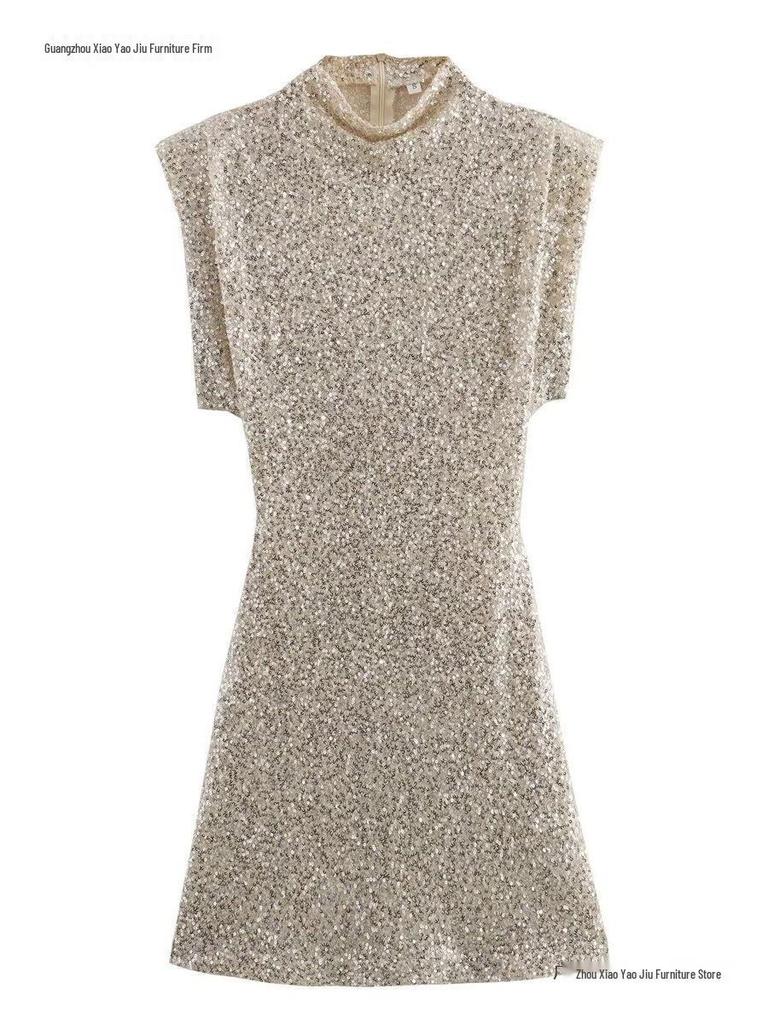 European Style 2026 Women's Sequined Evening Gown - Elegant, Padded Shoulders, Slim Fit, Sexy Beaded Design.