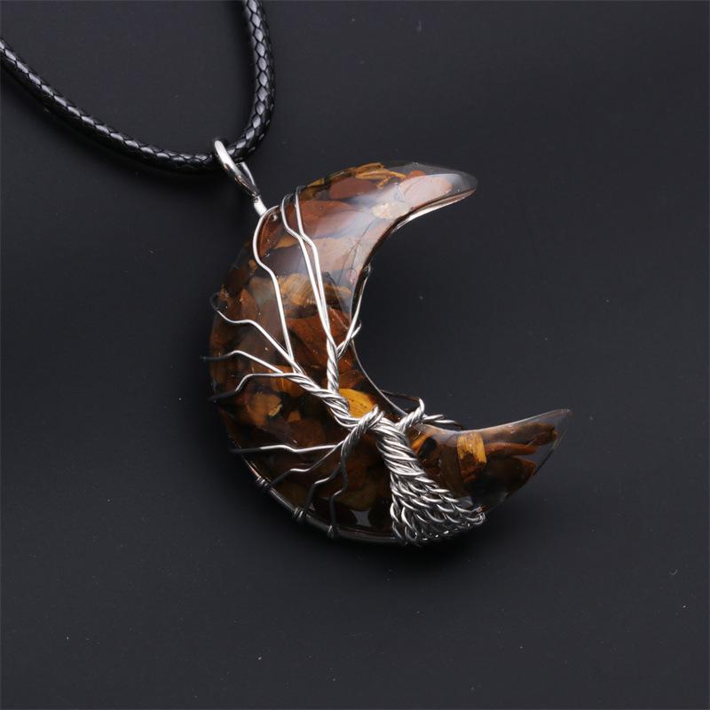 Natural Crystal Moon Pendant Necklace Tree of Life Amethyst Reiki Polished Mineral Jewelry Healing Stone for Men Women Jewelry
