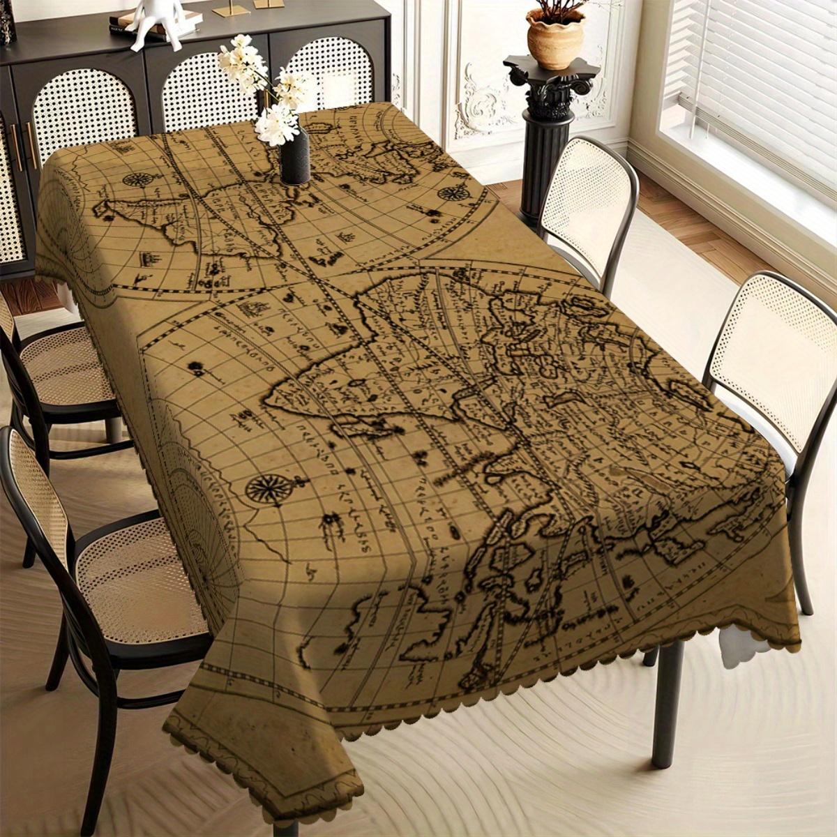 Vintage Wereldkaart Tafelkleed, Antiek Nautisch Printje, Golvende Rand, Vlekbestendig, voor Eetkamer & Reis-Thema Huisdecoratie 100x160cm