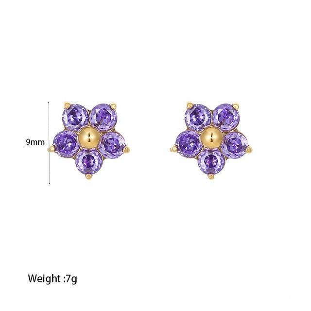 European and American Exquisite Sweet Pink White Purple Zircon Inlaid Flower Stud Earrings Plated with 18k Gold Stainless Steel Diamond Mini Earrings