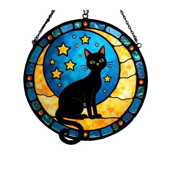 

Подвесной светильник из акрилового стекла с рисунком темного кота и луны, подвесной светильник на окно, витраж ручной работы, декор для дома и улицы