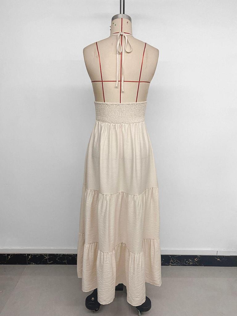 2026 Sleeveless V-neck Halter Lace Patchwork Long Dress with Open Back