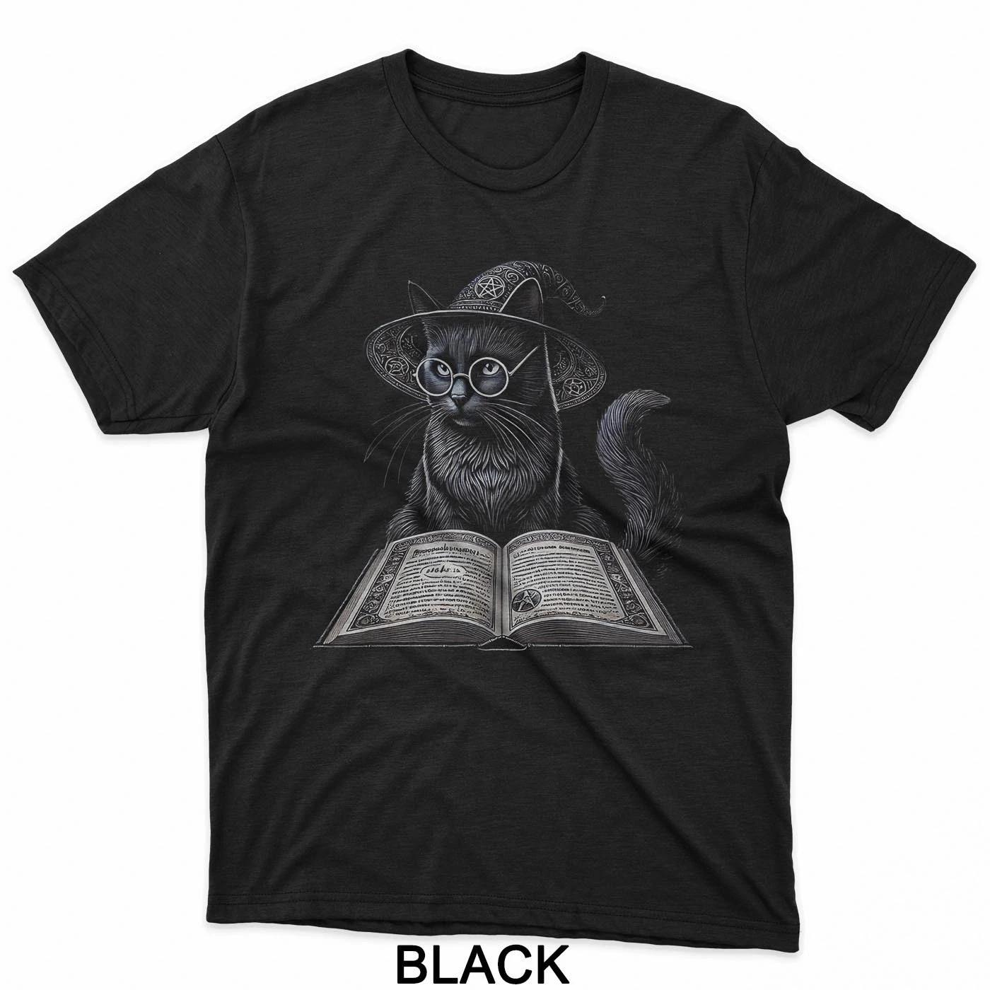 Wizard Cat Reading Spell Book, Funny Gothic Dark Magic T-Shirt M