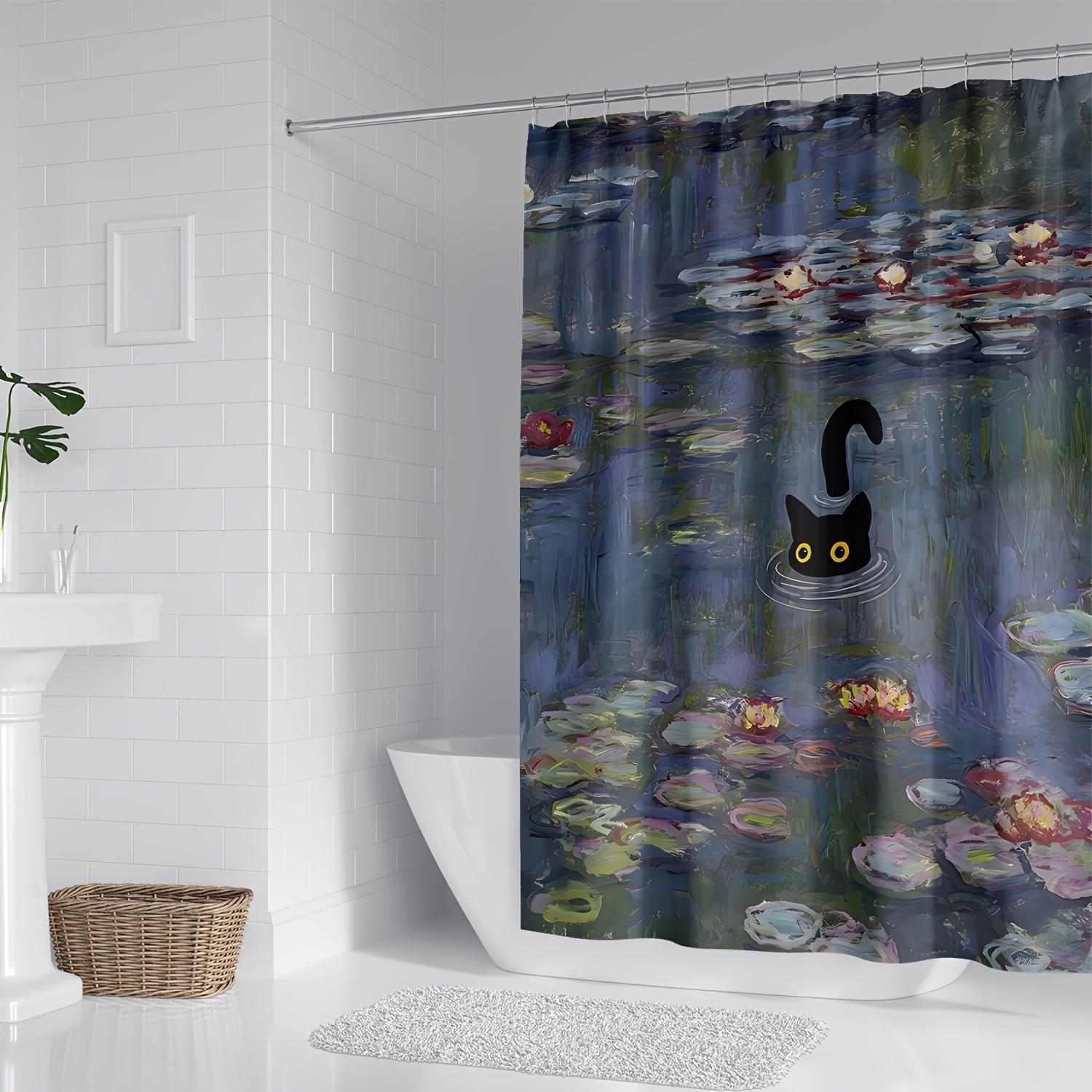 

1pc Shower Curtain - Artistic Water Lilies with a Playful Black Cat Design Waterproof W90XH180cm