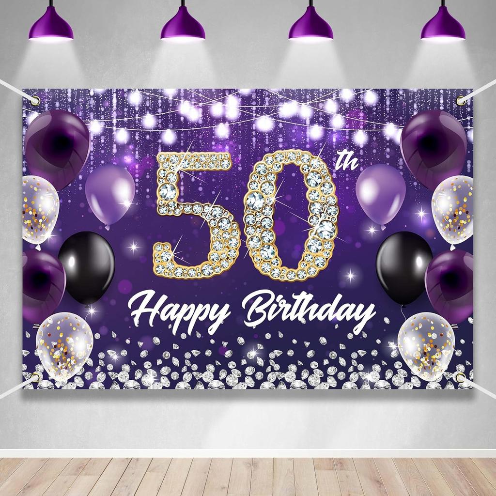 Happy 60th Birthday Backdrop Banner Purple Theme Background with Shiny Diamond Noble Elegant Birthday Party Photo Photography Prop Booth Background