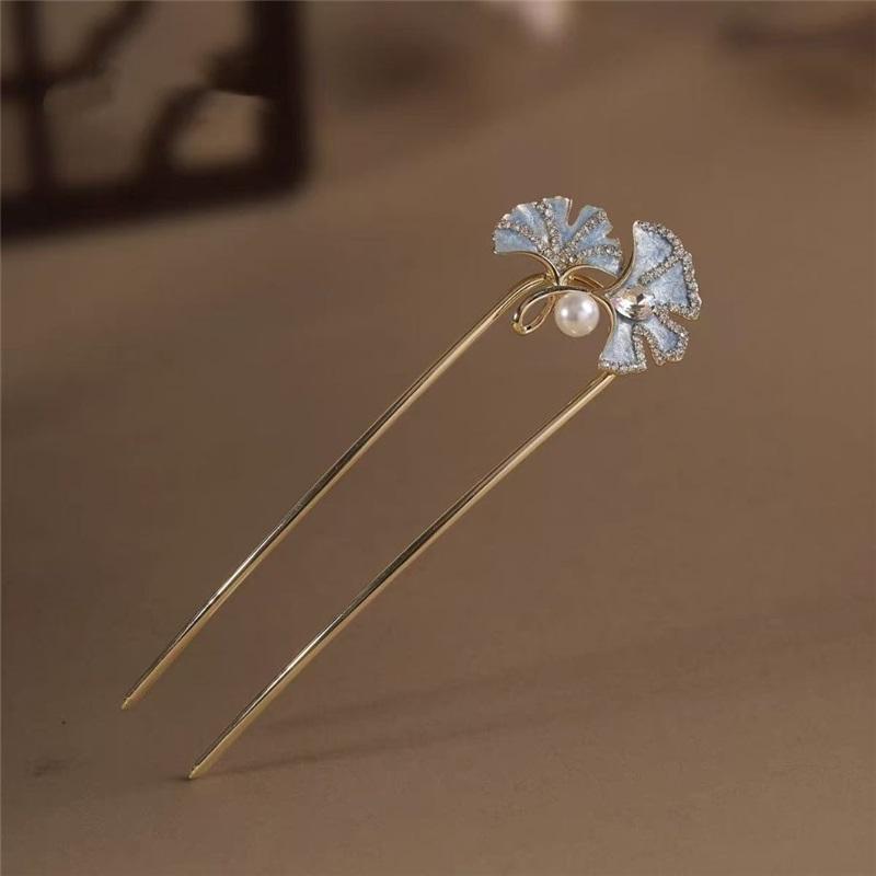 Chinese Style Pearl Ginkgo Leaf Hair Stick U-shaped Elegant Hairpin Hanfu Cheongsam Hair Accessories