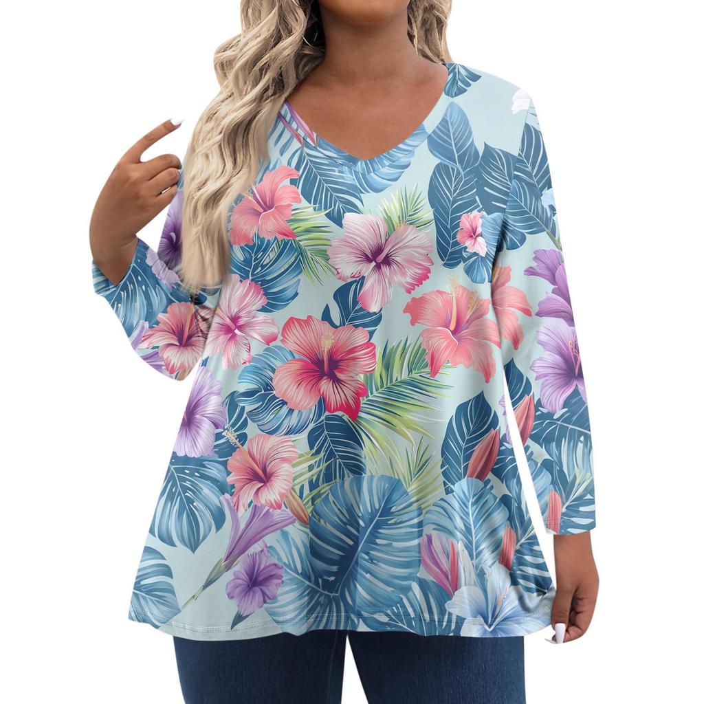 Modisches lässiges Langarm-Oberteil für Damen in Übergröße mit Blumenprint Übergröße Blumenprint-Oberteil