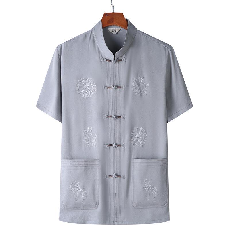 Men's Spring/Summer Tang Suit - Chinese Style Grandpa Shirt for Middle-Aged & Elderly, Thin Hanfu Dad Set