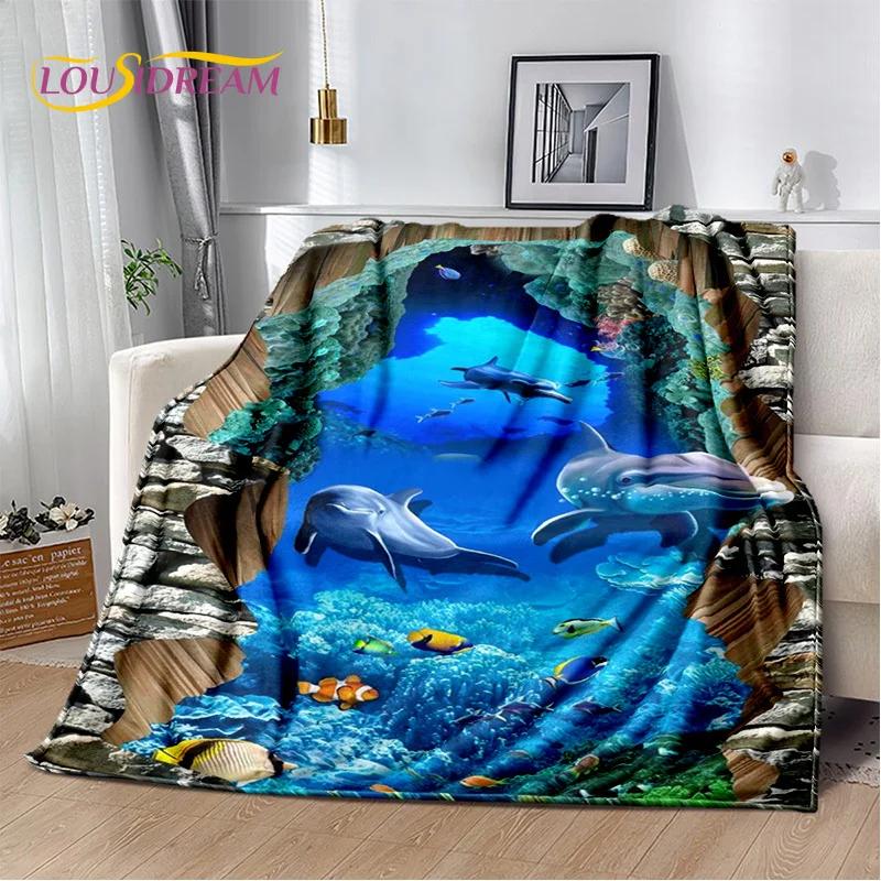 Underwater World 3D Illusion Seabed Cartoon Shark Dolphin Blanket,Soft Throw Blanket for Home Bedroom Bed Sofa Travel Cover Kids