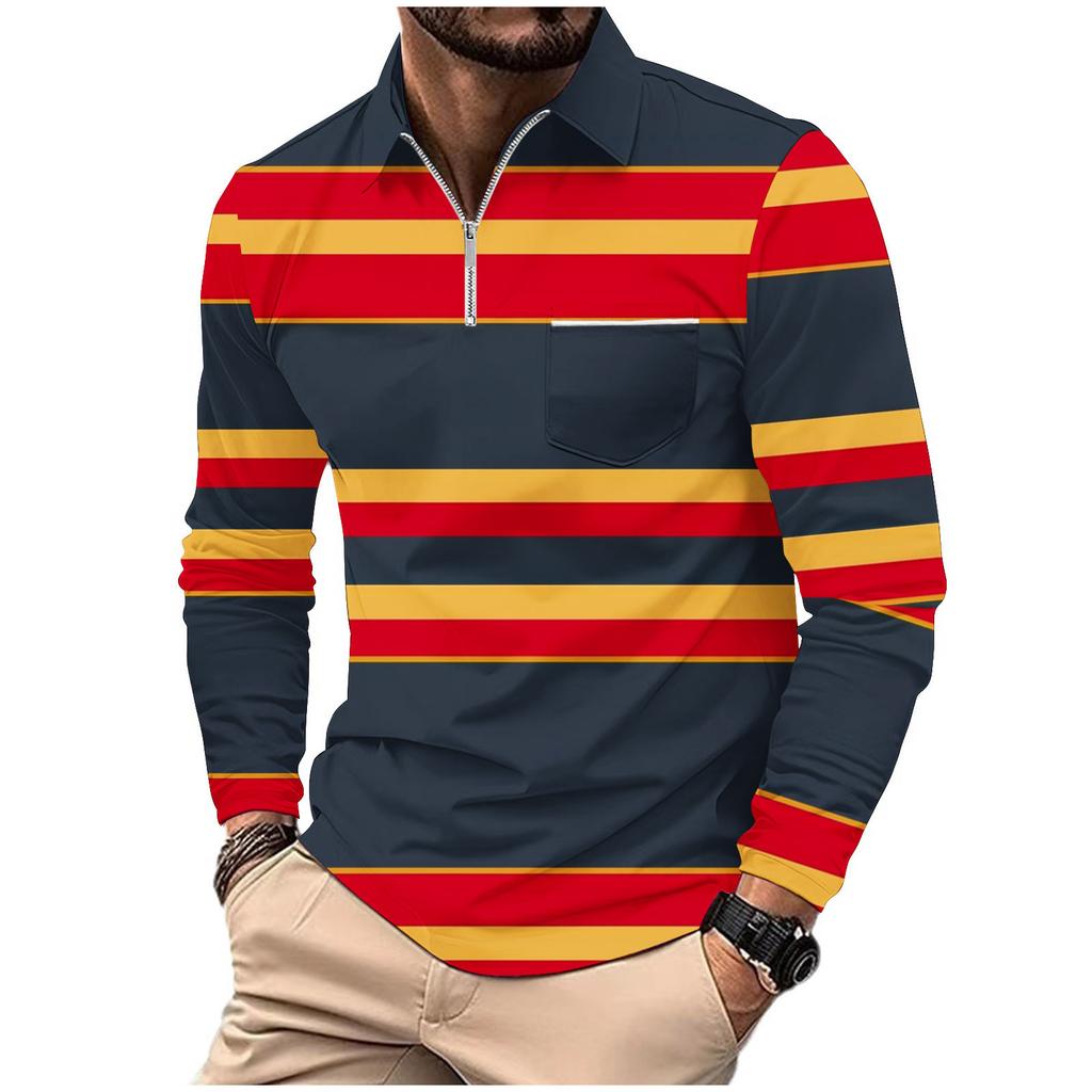 Fashion Polo Shirt Men's Printed Long Sleeve Zip Pocket Sports Polo Shirt Men's Striped Sweatshirt