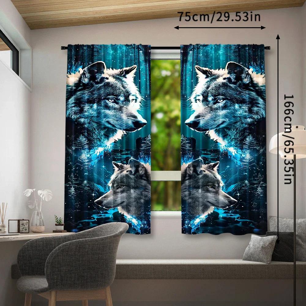 Set Of 2 Snow Wolf King Printed Curtains Pole Bag Home Decoration Room Curtain Polyester